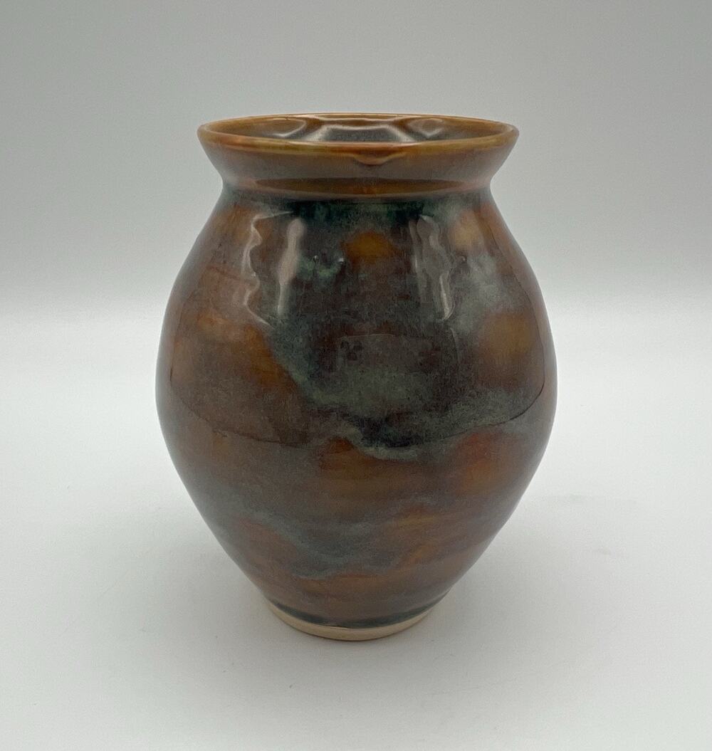 Handmade Art Pottery Blue & Golden Brown Drip Glaze Vase 4.5” Tall Artist Signed